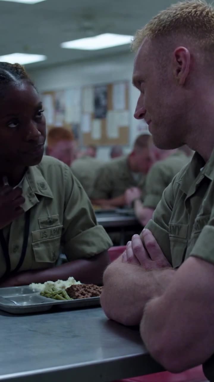 Brad crossing his arms with a mocking expression while leaning over Maya at the mess hall table.