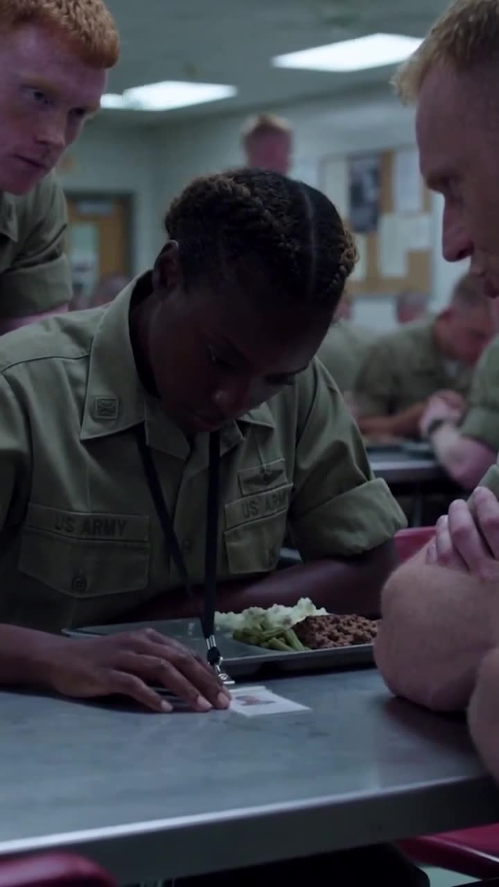 The soldier calmly places an identification badge onto the metal dining table