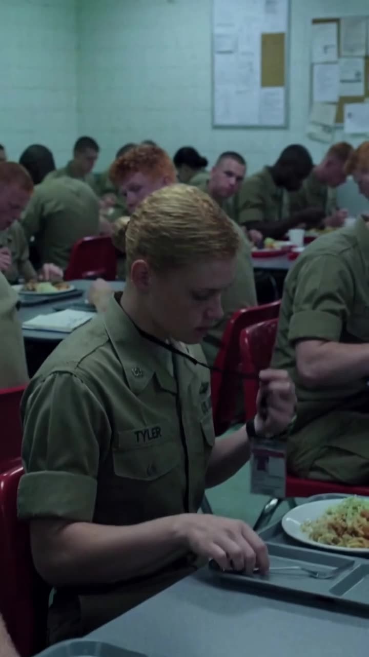 A soldier calmly adjusts an ID lanyard at the lunch table following the tense confrontation.