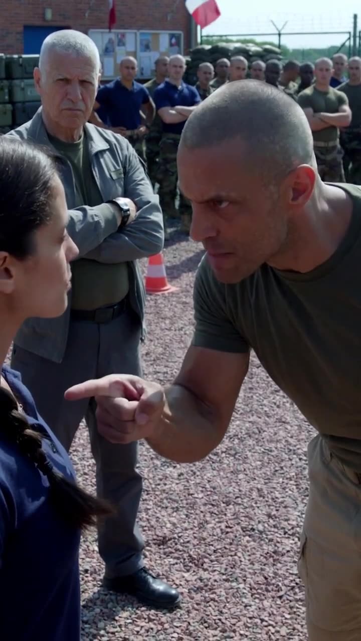 The muscular soldier points a finger directly at the captain while commanders watch in the background