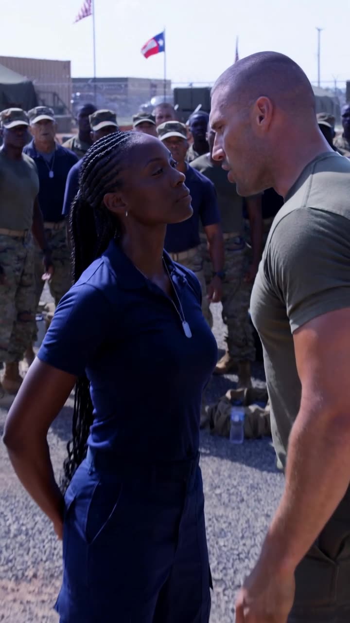 Brett confronts Maya face-to-face while she stands unyielding with hands behind her back.