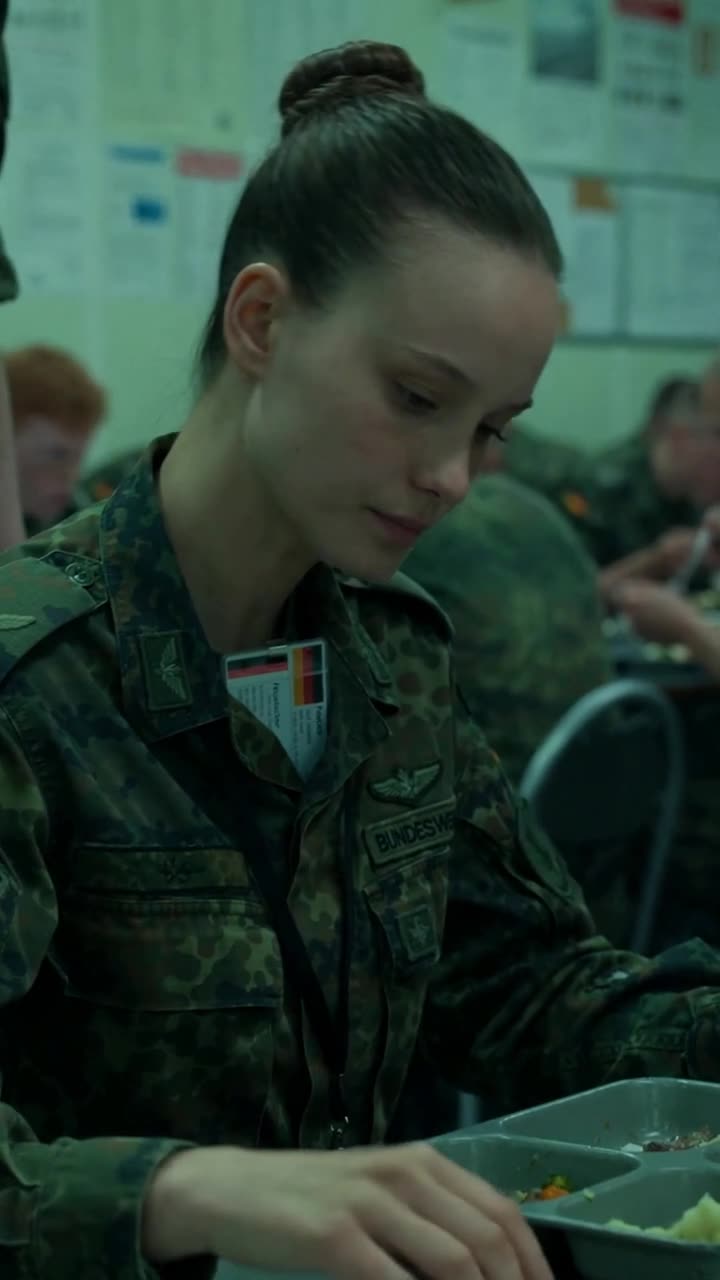 Lena senkt den Blick am Tisch, während an ihrem Kragen ein verdeckter Ausweis mit rotem Streifen sichtbar wird.
