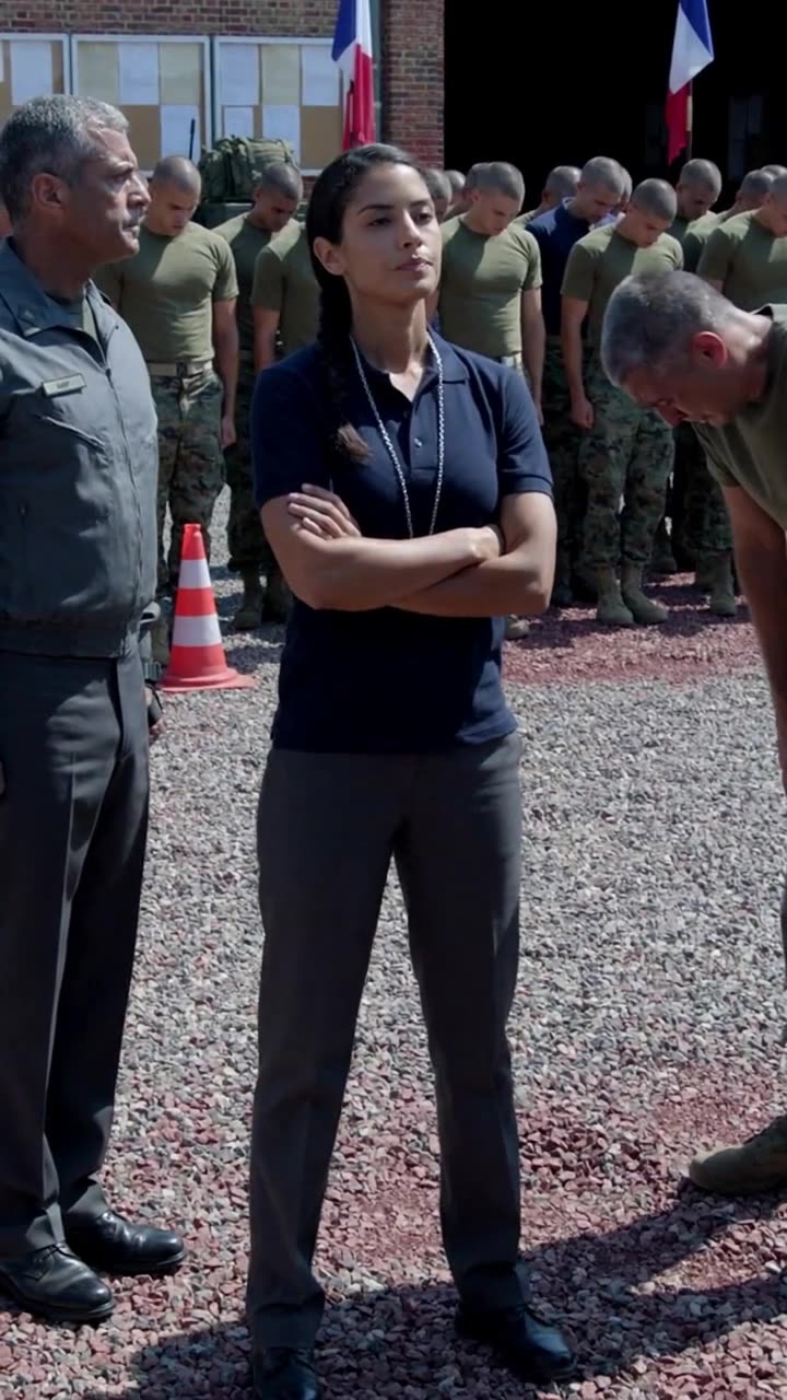 Camille stands with arms folded across her chest while Julien remains bowed in disgrace before the recruits.
