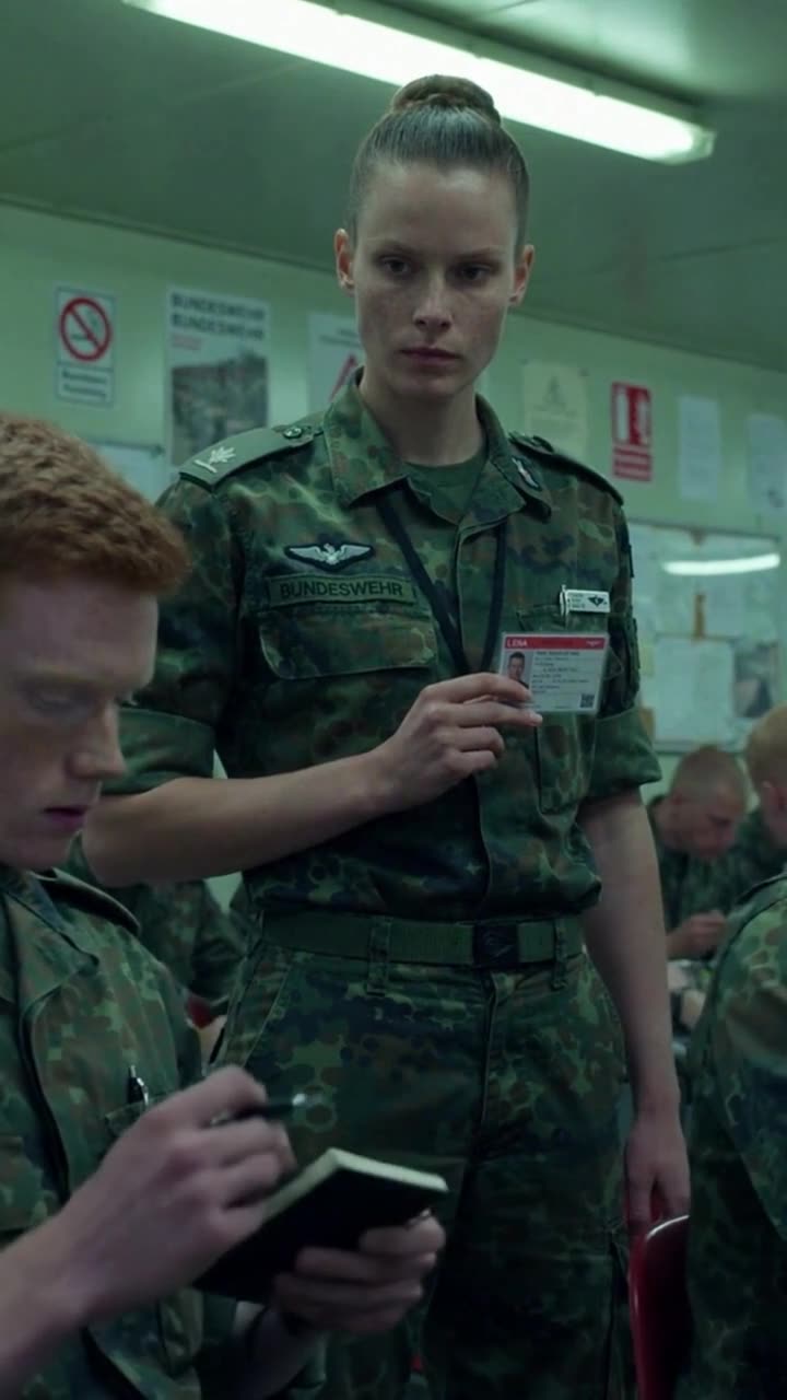Felix zückt das Notizbuch, während Lena aufrecht vor dem eingeschüchterten Feldwebel steht.