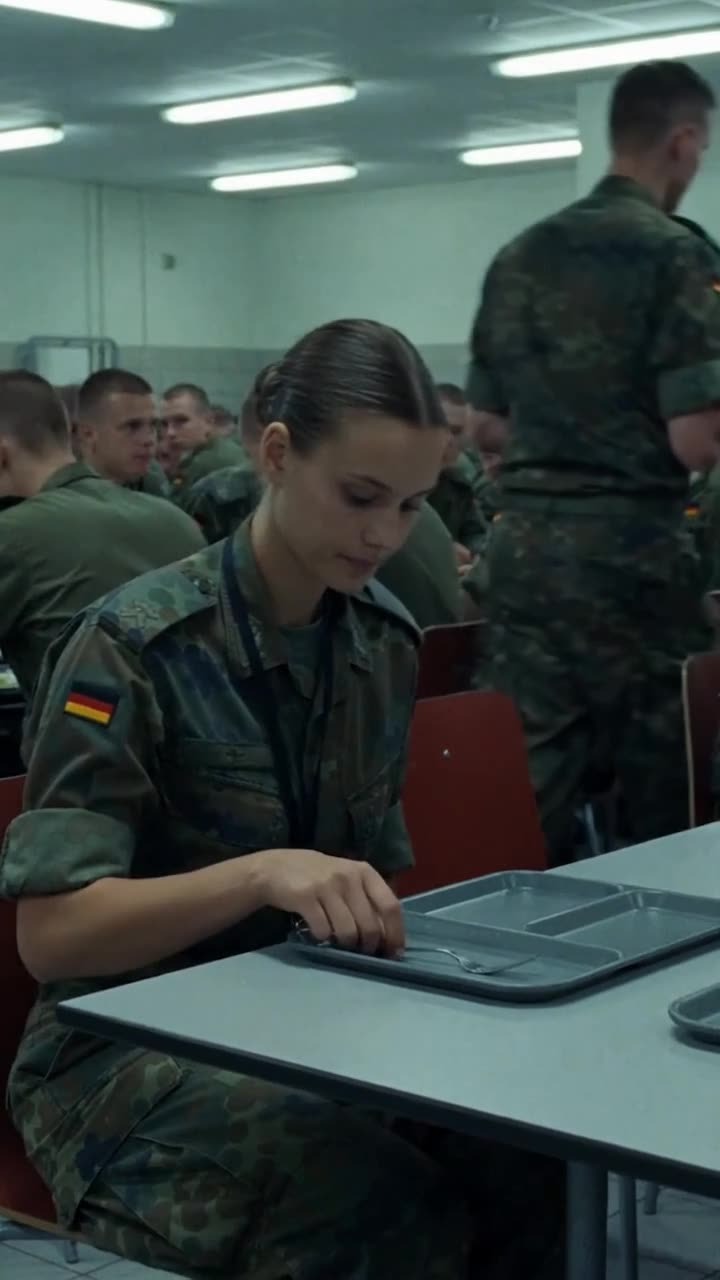 Markus verlässt die Kantine, während Lena ruhig am Tisch Platz nimmt und ihr Besteck ergreift.