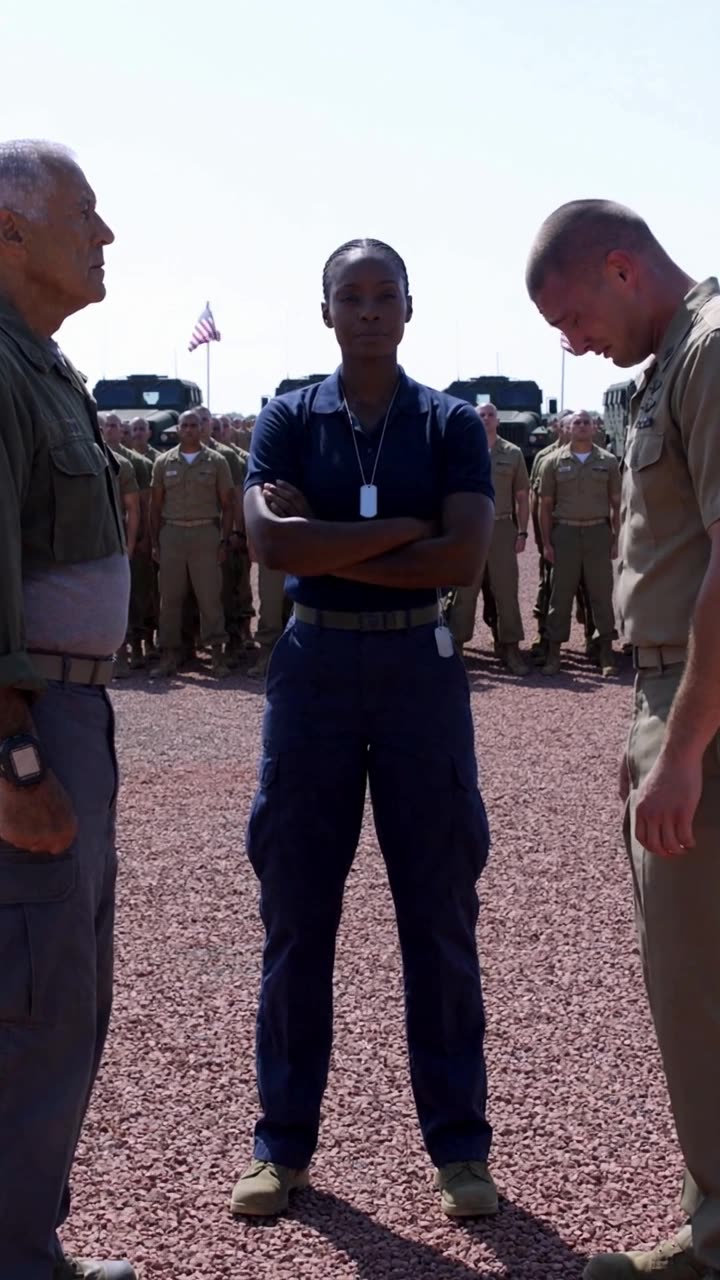 Maya stands with arms folded in absolute command as the humiliated recruit lowers his head.