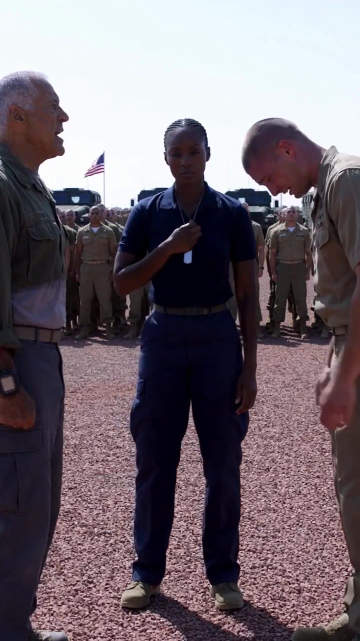 The humbled recruit hangs his head in defeat beside the commanding officer and base leader.