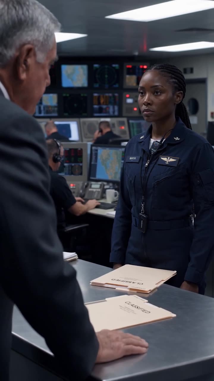 Lieutenant Maya stands rigid at attention as the classified flight folder rests on the table before her.
