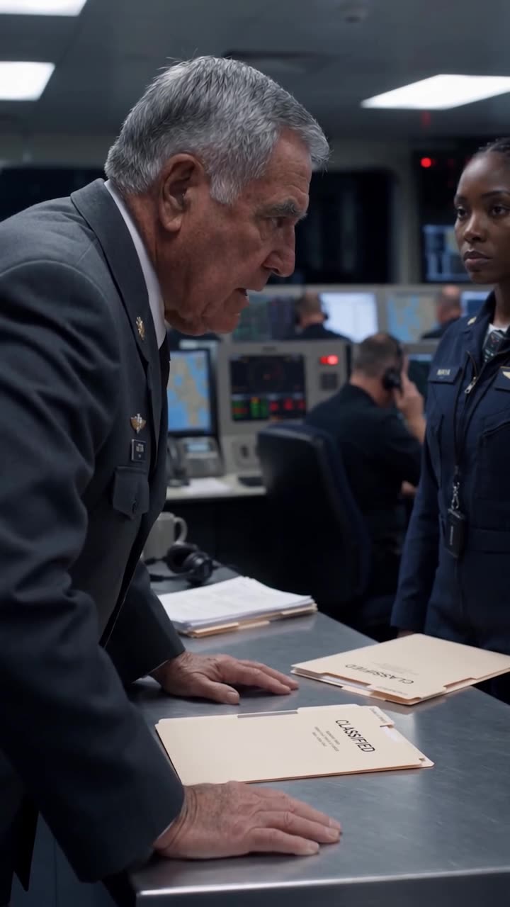 Commander Arthur leans aggressively across the table, confronting Lieutenant Maya over alleged protocol violations.