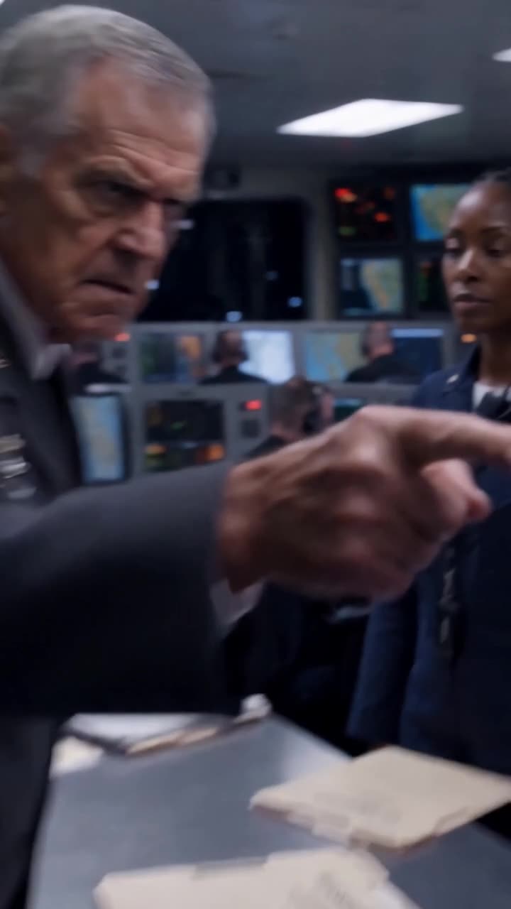 Admiral Vance furiously pointing his finger directly at Maya across classified operations documents
