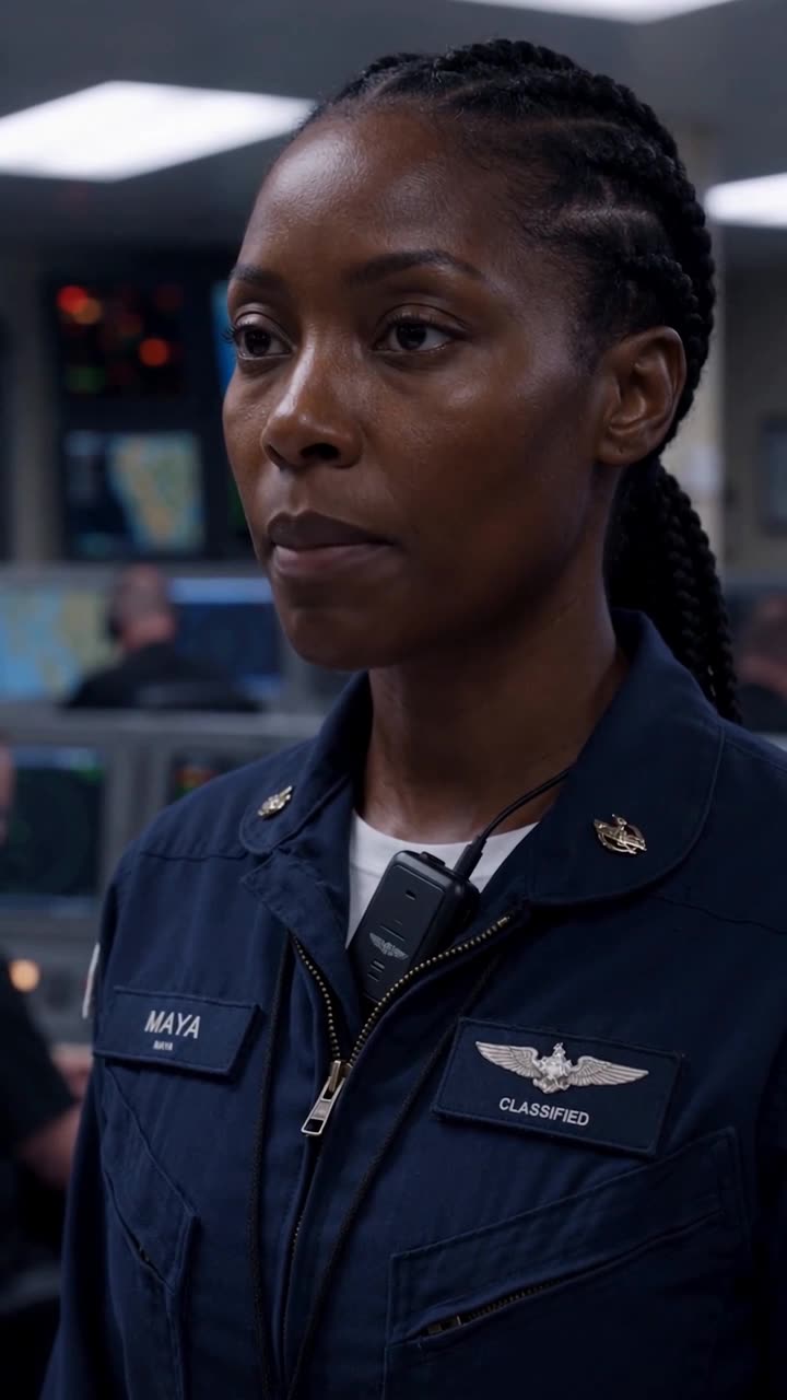 Close-up of Maya maintaining calm, unwavering eye contact during the intense tactical debrief