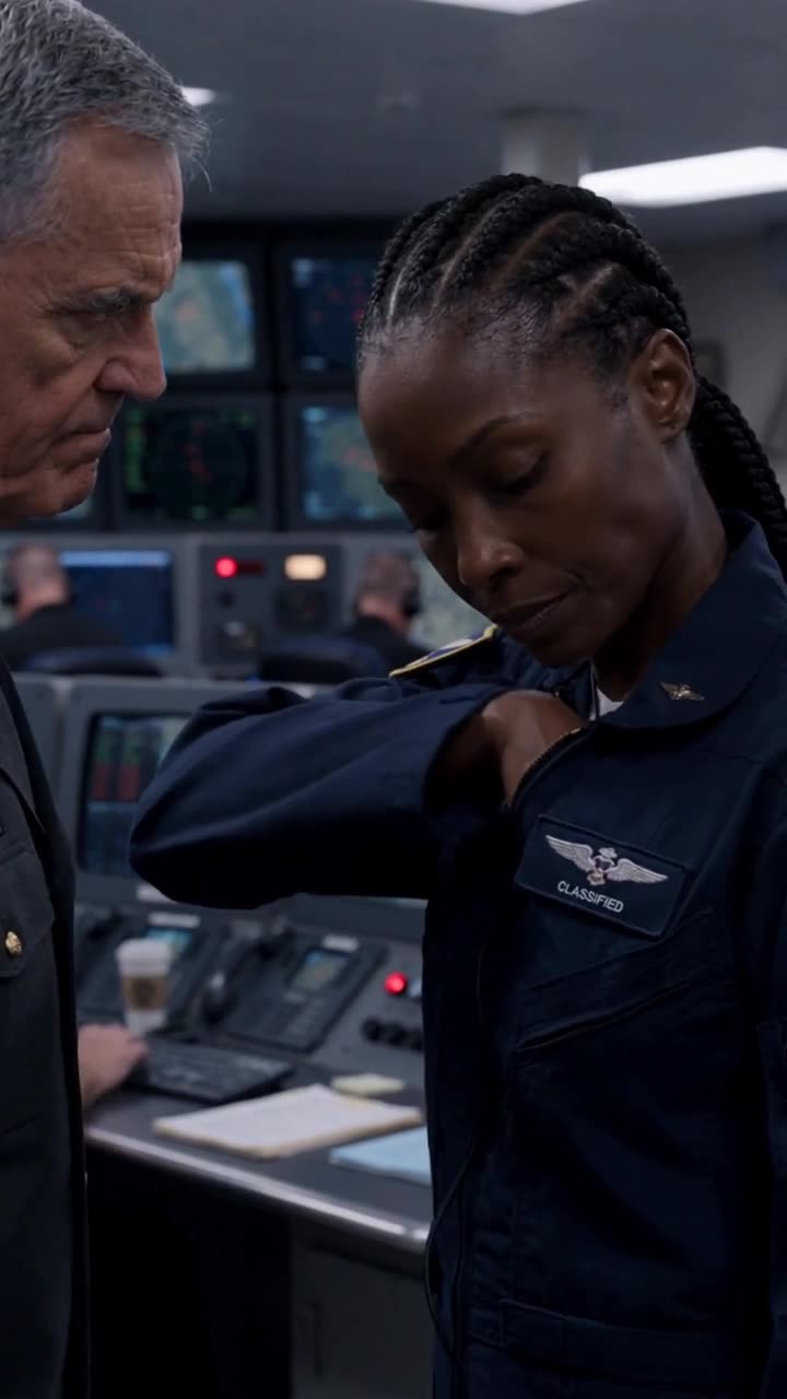 Maya Jenkins reaching into her flight jumpsuit collar to retrieve a hidden data card