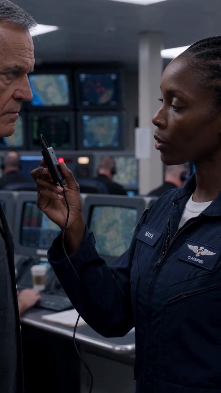 Maya Jenkins holding up the flight recorder memory card in front of Commander Arthur