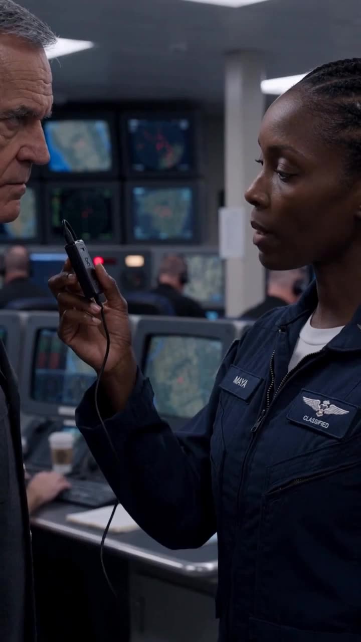 Officer Maya holding up an encrypted recording device directly in front of a stunned General Vance.