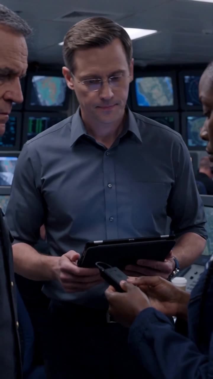 Analyst David holding a digital tablet as Maya passes him the critical memory drive.
