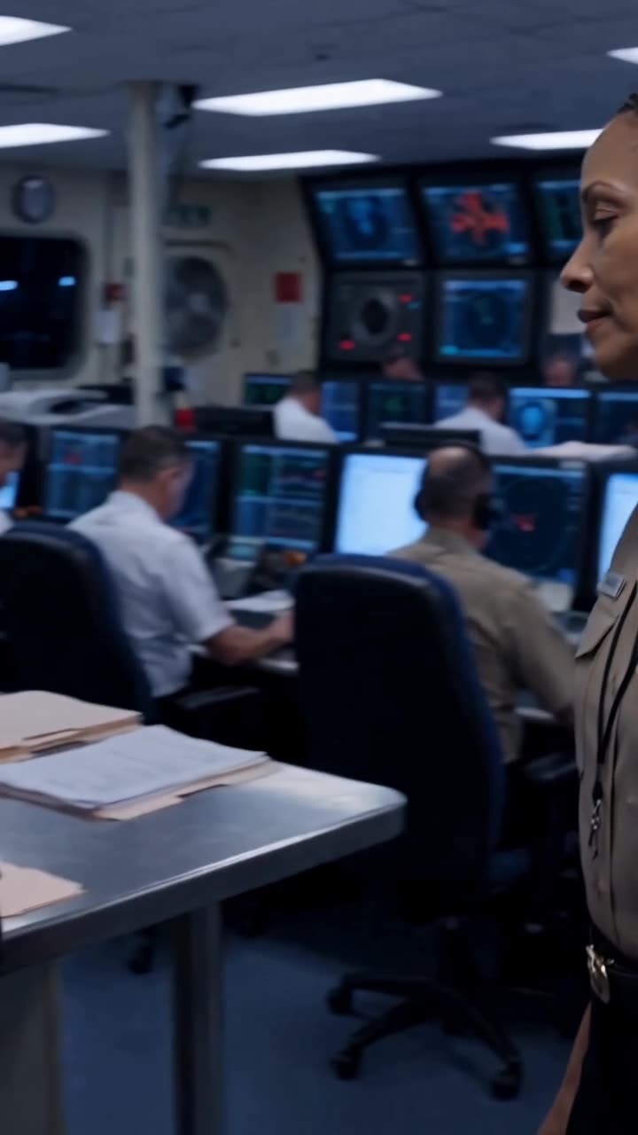 Navy operators monitor glowing radar consoles across the busy command center floor.