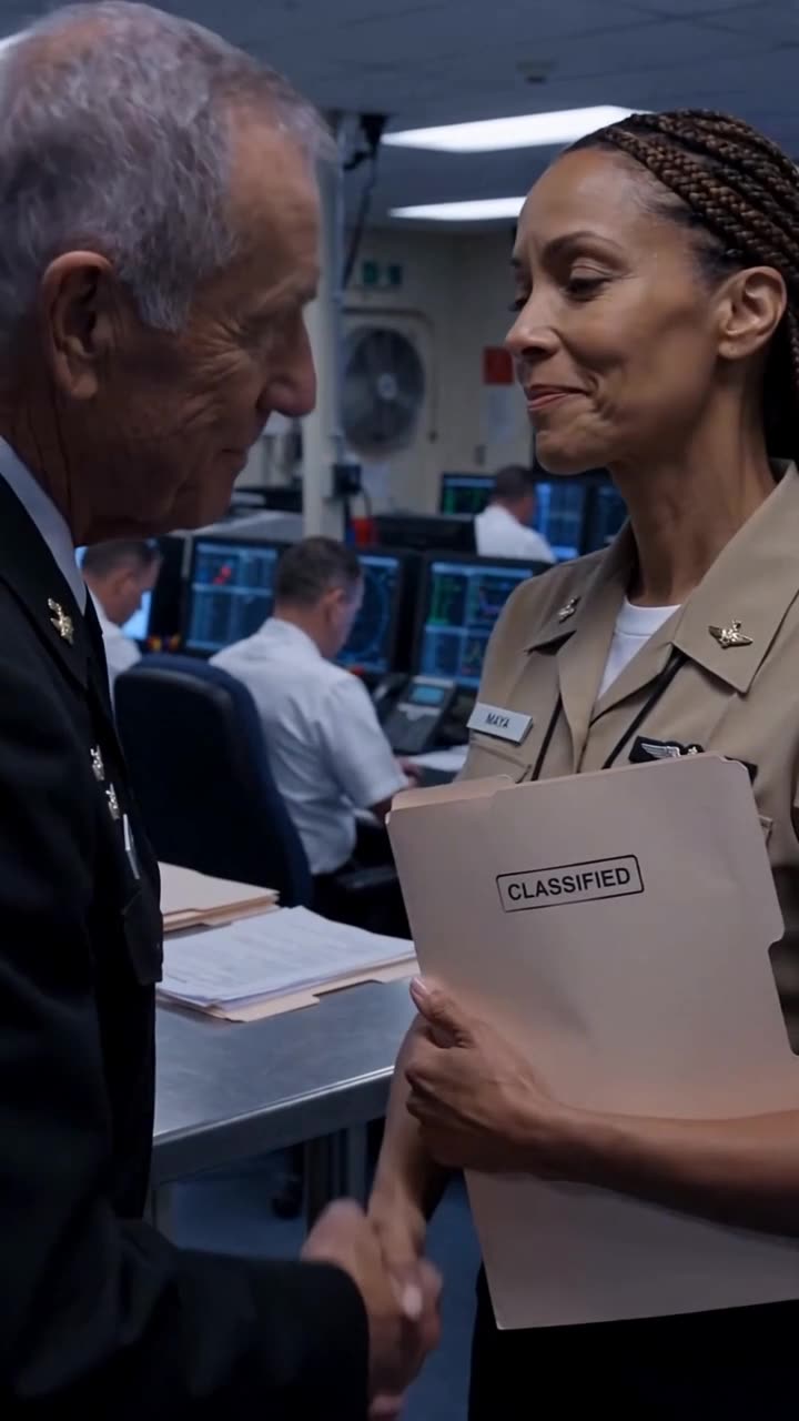 Admiral Vance smiles and shakes Lieutenant Jenkins' hand as he presents her with a classified file.