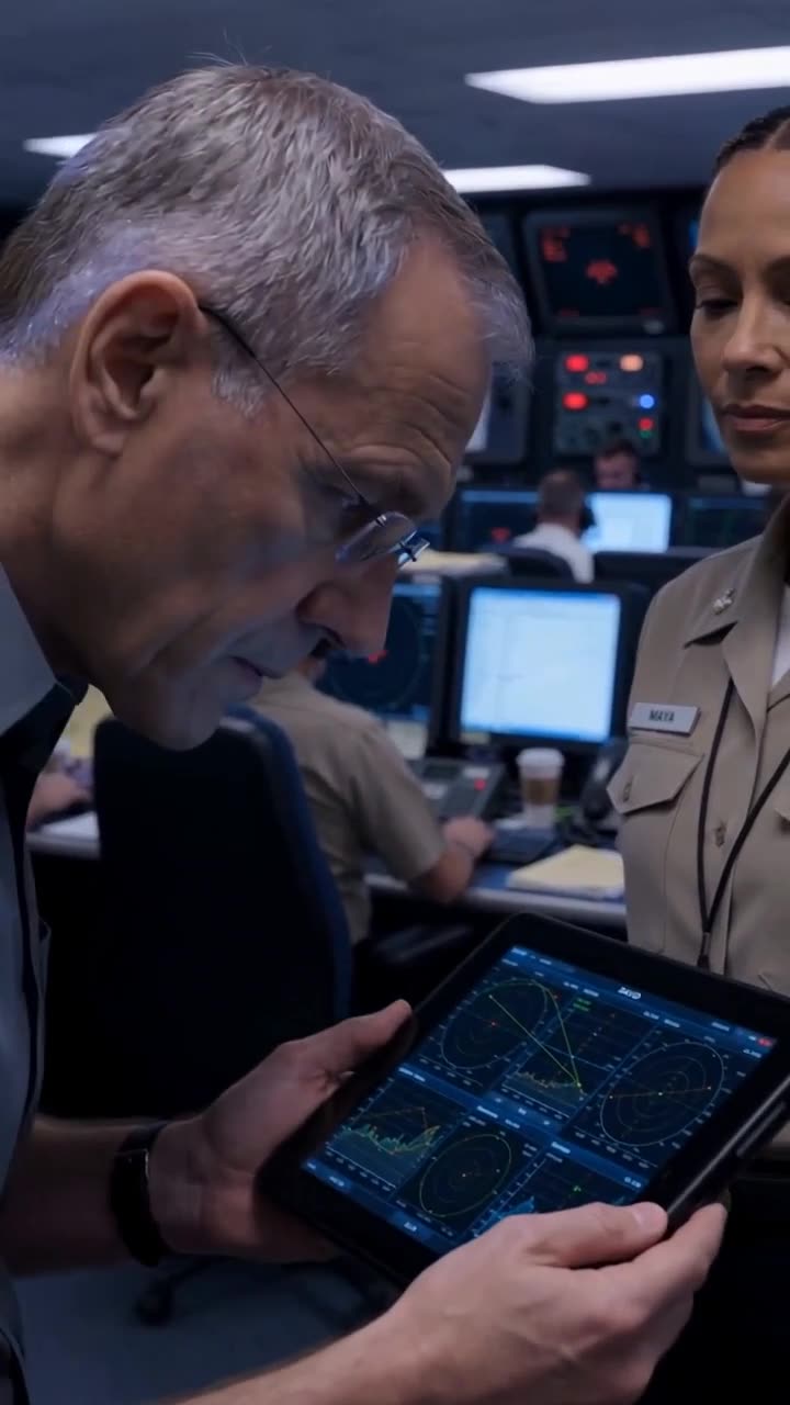 A senior commander peering intensely at tactical telemetry on a handheld screen