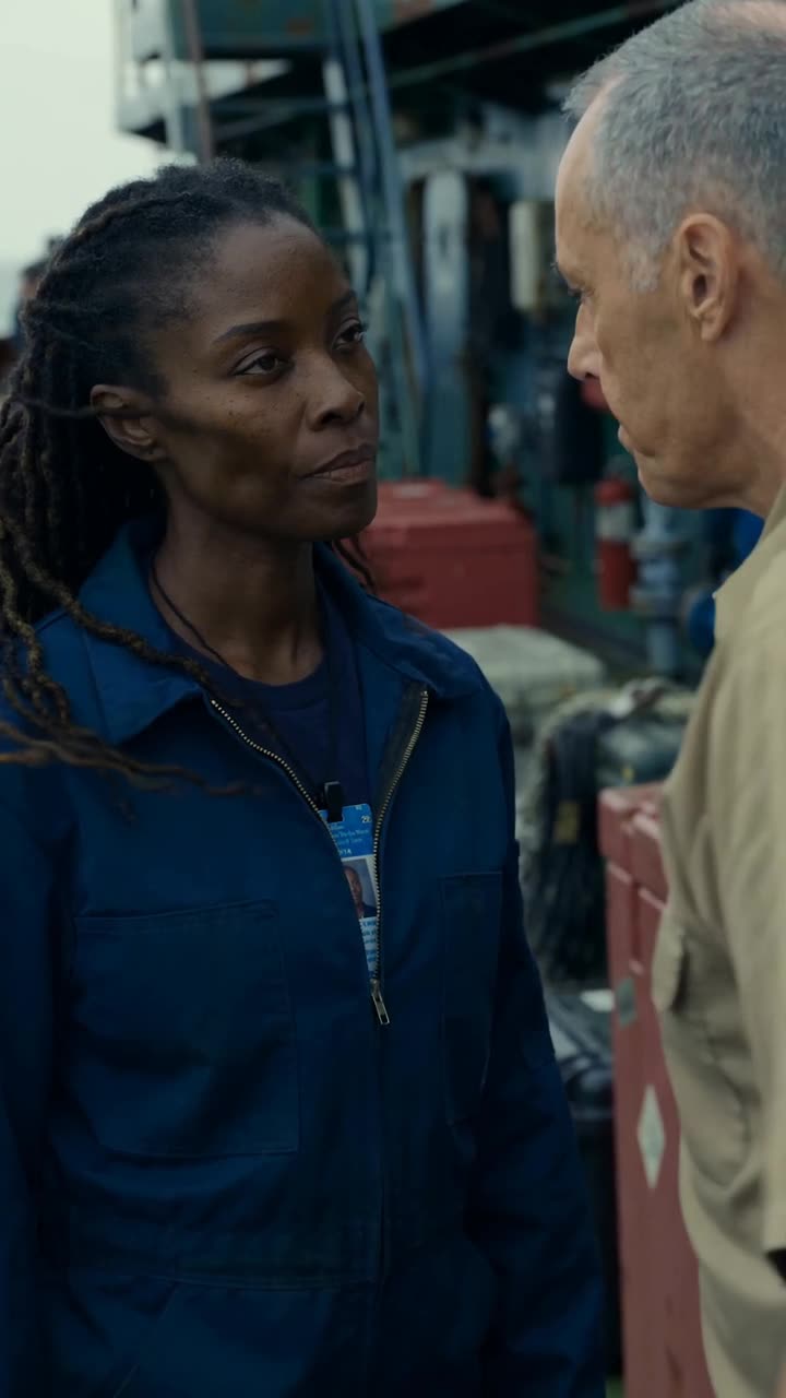 Maya maintains steady, defiant eye contact as coastal winds whip around her locs.