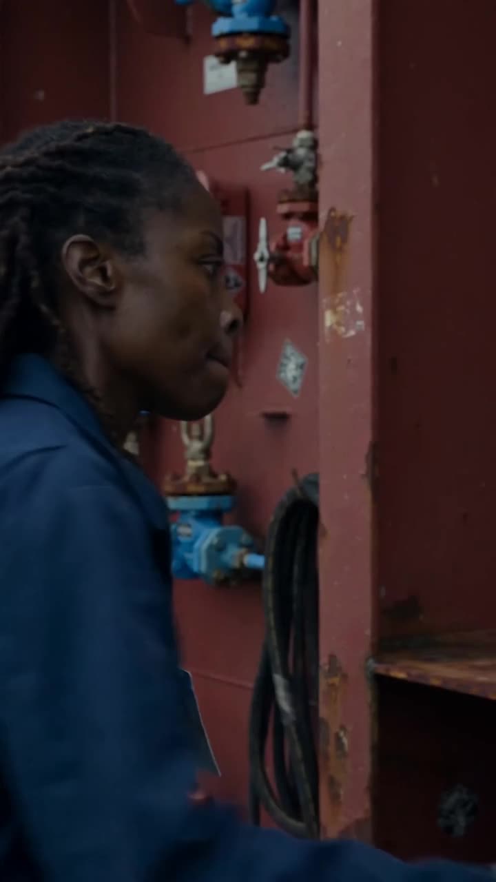 Maya stands beside the red metal bulkhead preparing to strike the steel wall.