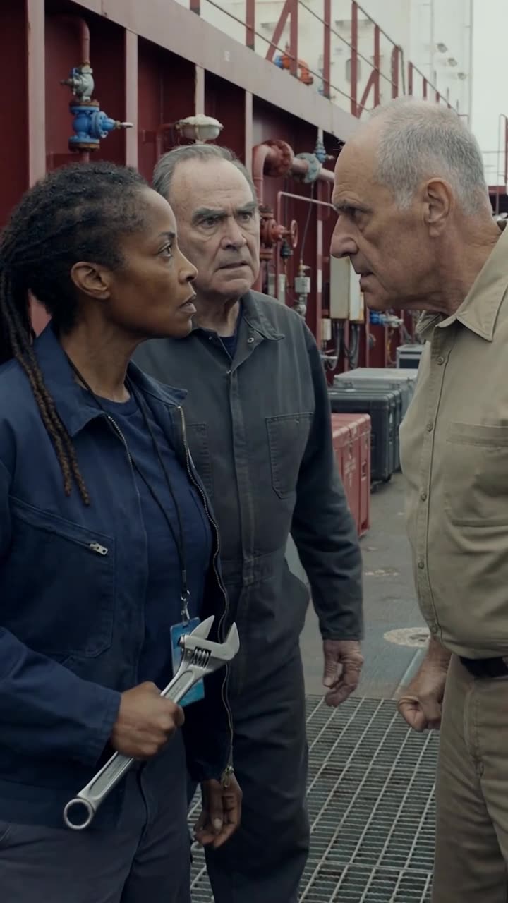 Maya grips an adjustable spanner as Captain Vance confronts her and Thomas on the open deck.