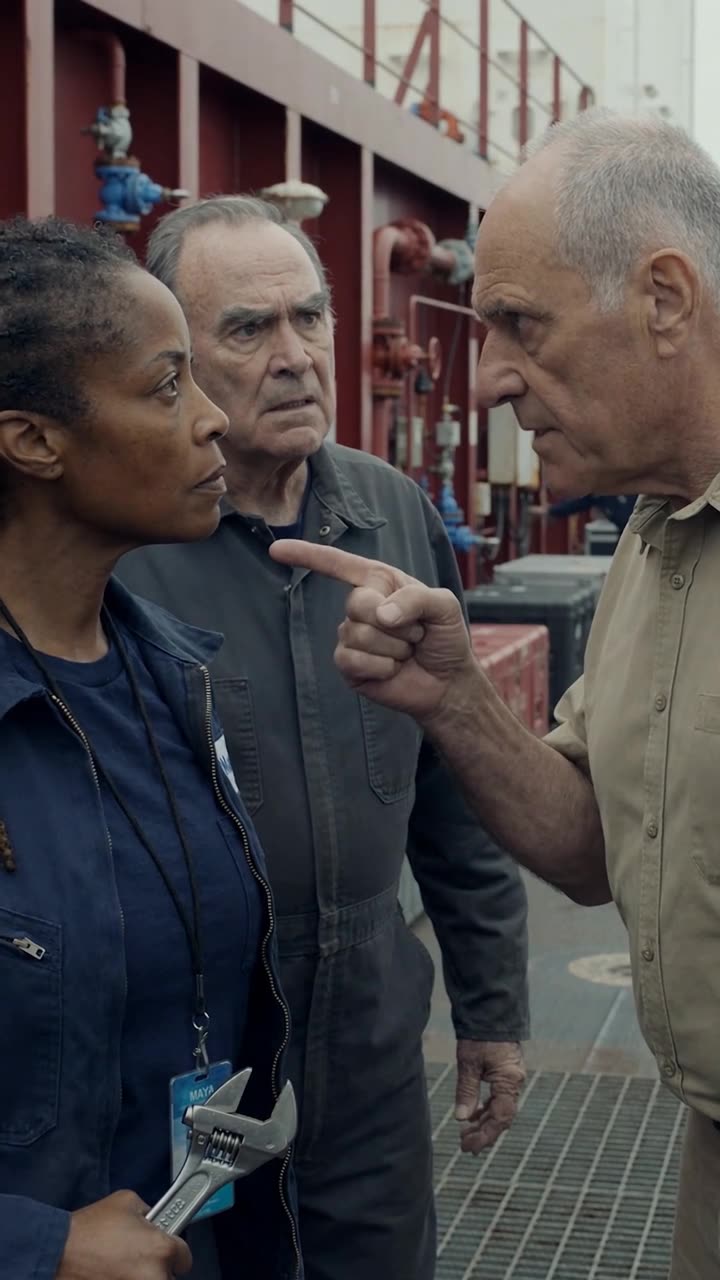 Captain Vance points an accusatory finger directly in Maya's face during the heated maritime standoff.