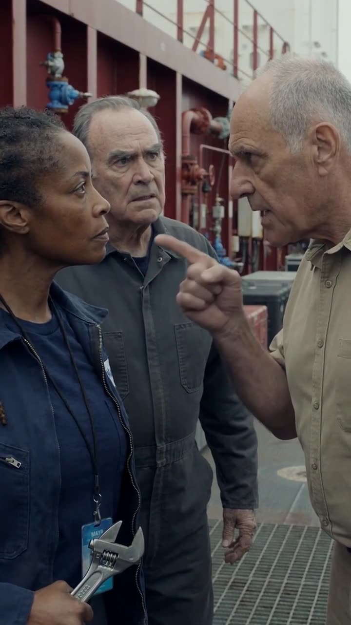 Mercer aggressively confronting Hayes on the flight deck as another crewman observes the standoff