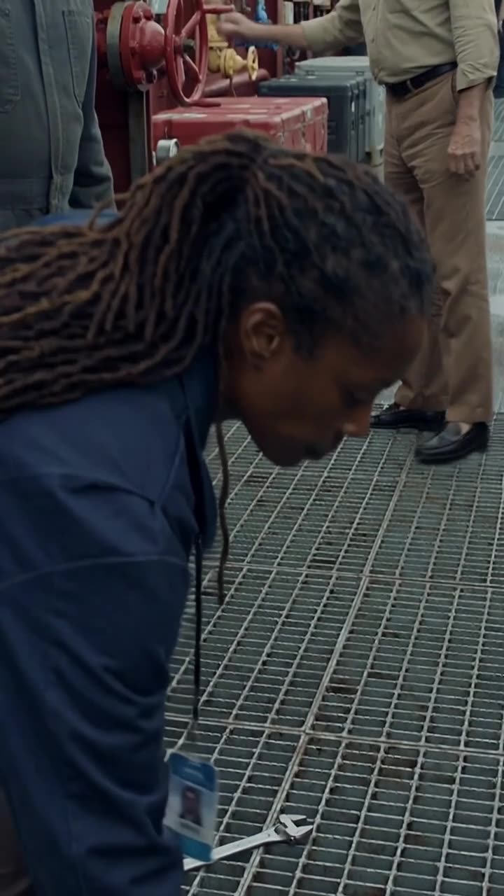 Maya bends down to set her heavy steel adjustable spanner onto the metal catwalk grating.