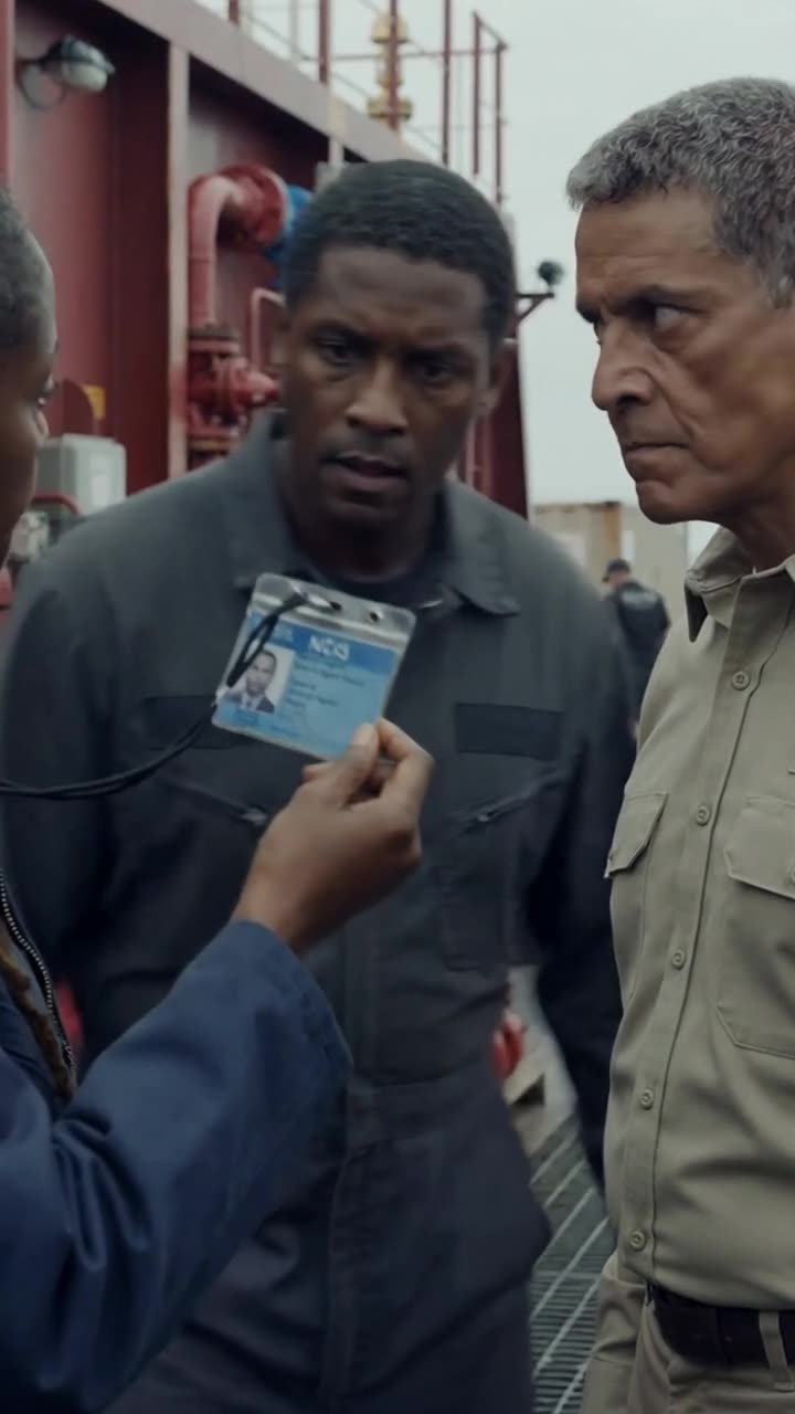 Vance freezes in shock while Thomas steps between them to inspect the sudden badge reveal.