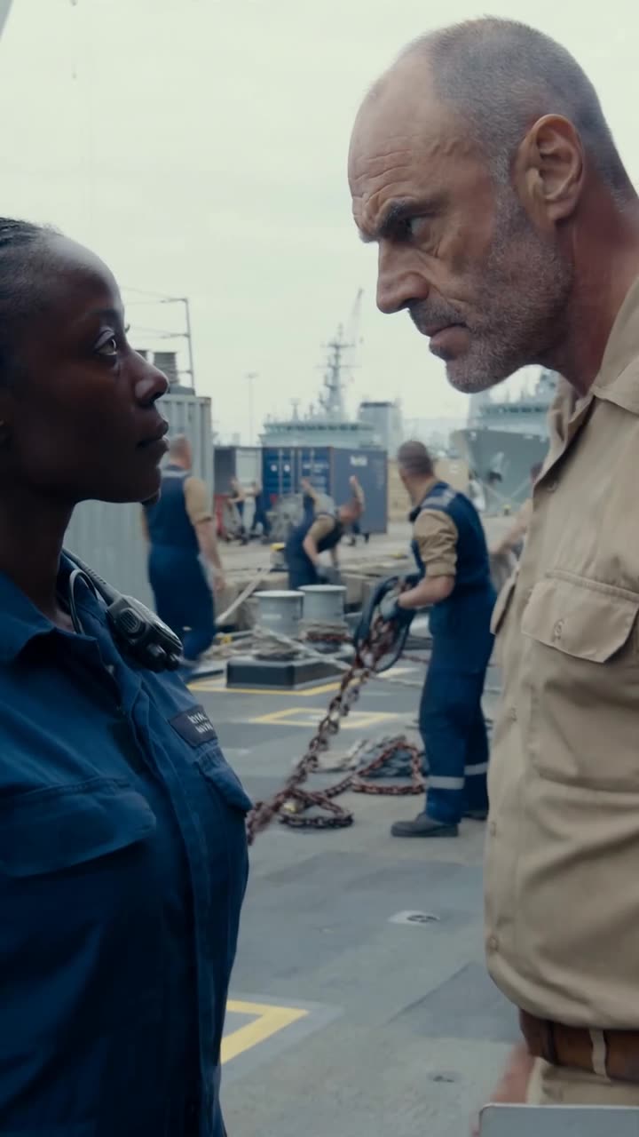 Robert leans in close to Maya on the ship deck, issuing a harsh command to halt her inspection.
