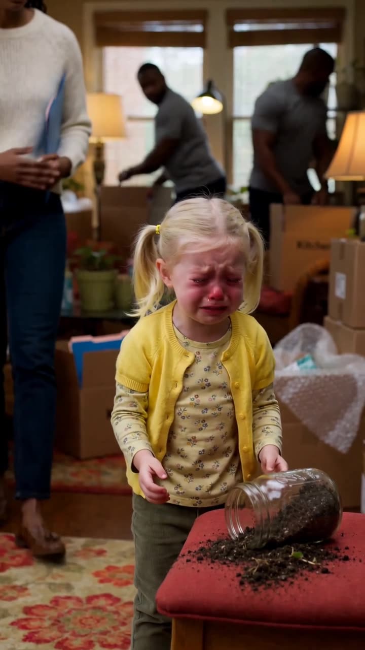 Emily bursts into tears beside the spilled jar and ruined potting soil on a red upholstered stool.