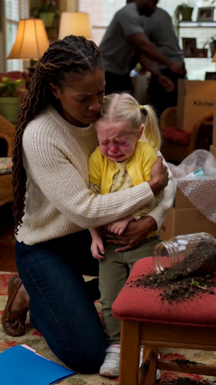 Kendra kneels on the floor, holding and comforting the crying toddler beside the overturned jar.