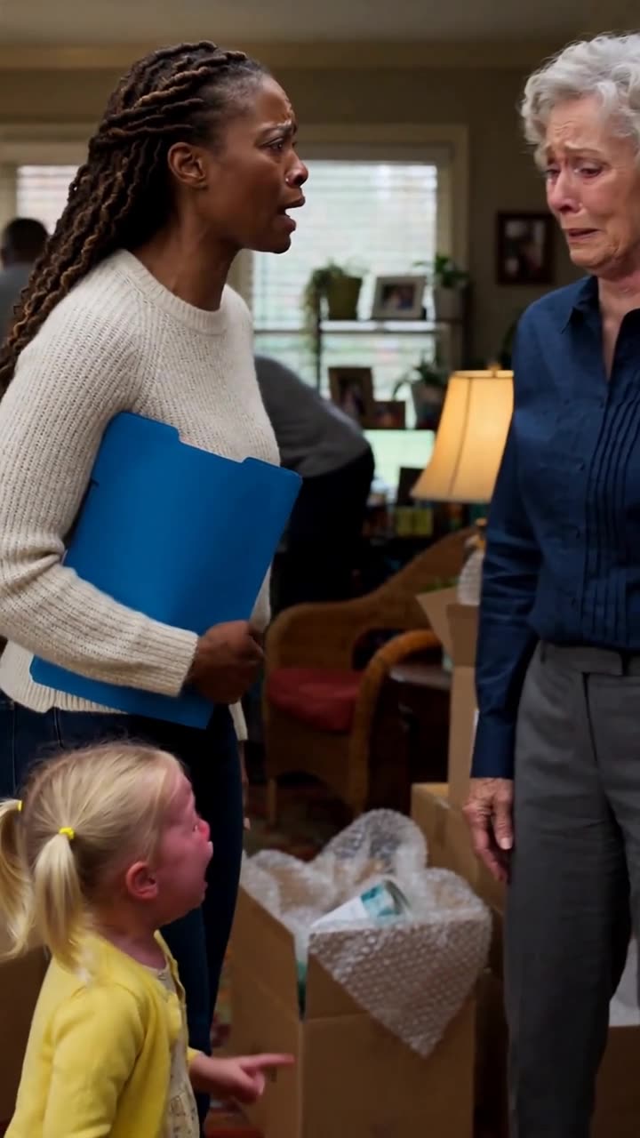 Kendra confronts Evelyn furiously while holding a blue deed folder in the cluttered sunroom