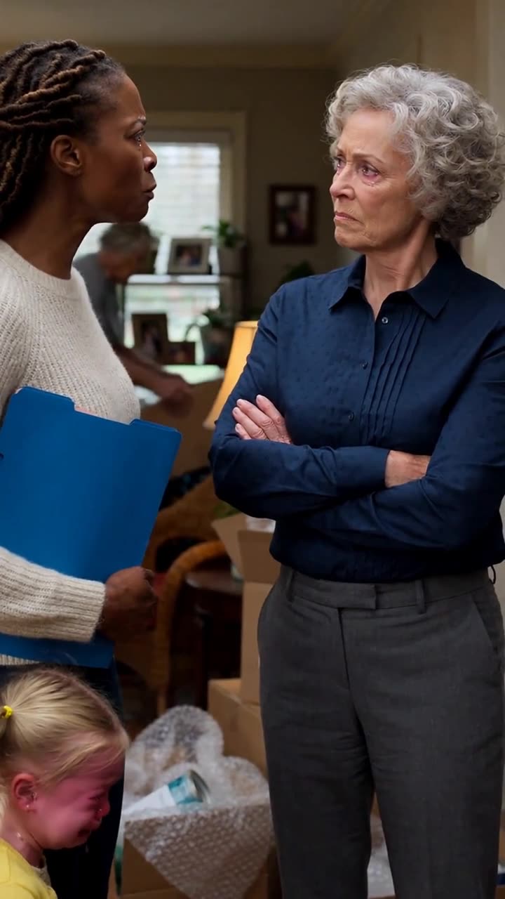Evelyn glares coldly with arms crossed across her chest as the confrontation escalates