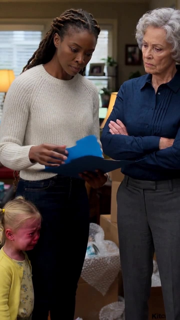 Close-up of Evelyn observing Kendra with a skeptical, folded-arms posture amid packed moving boxes