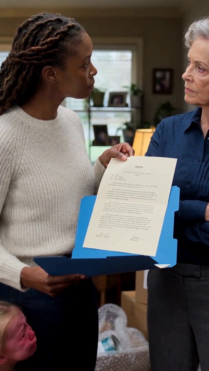 Kendra holds out the official property deed document directly facing a stunned Evelyn