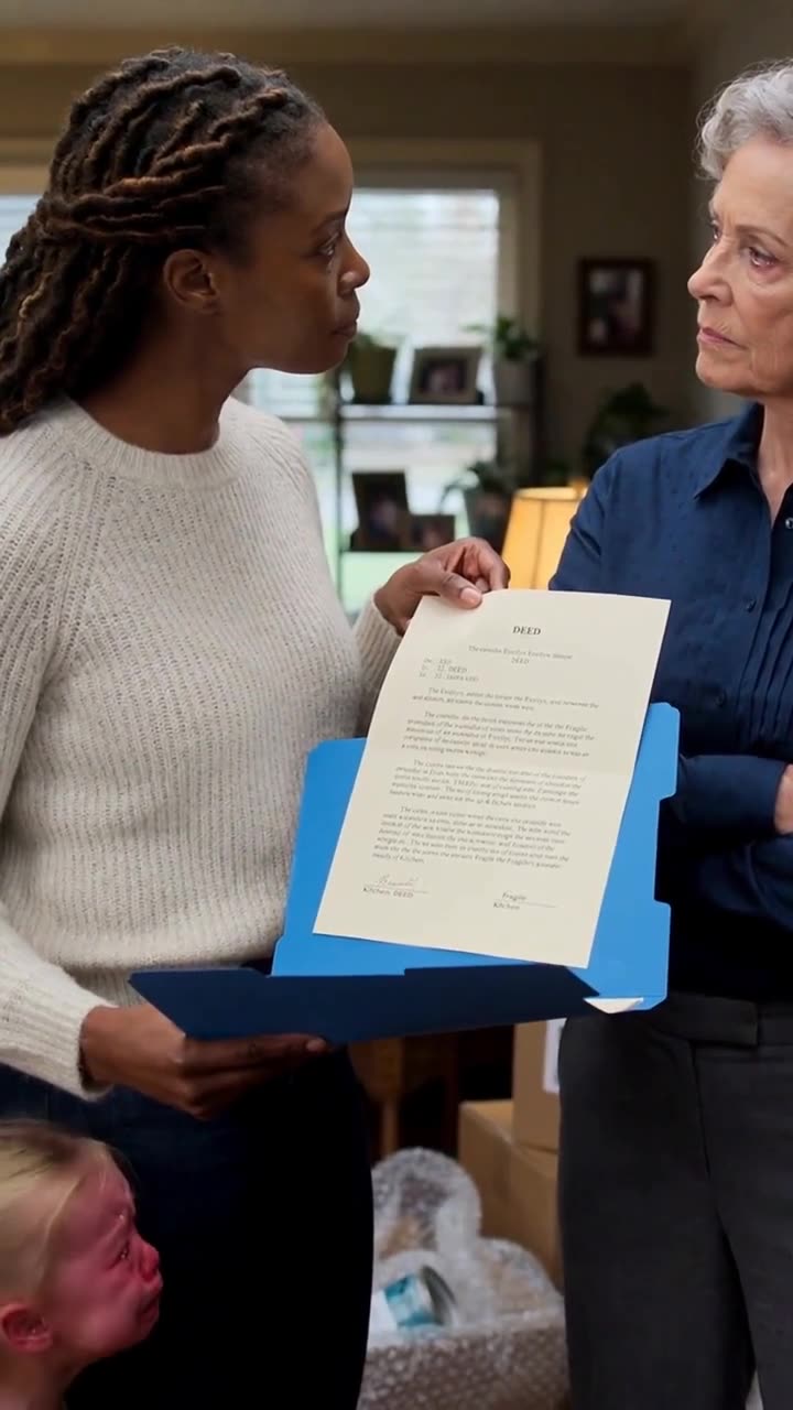 Sarah presents the official property deed to a stunned and speechless Evelyn.