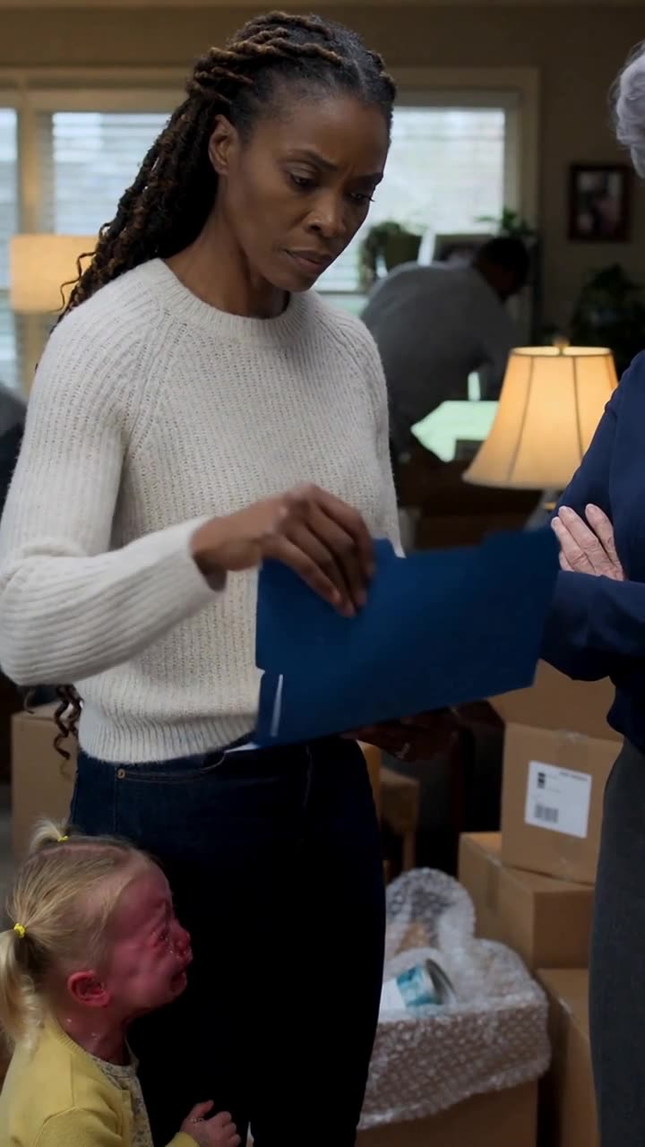 Kendra calmly opens a blue document folder during a tense confrontation in the sunroom.