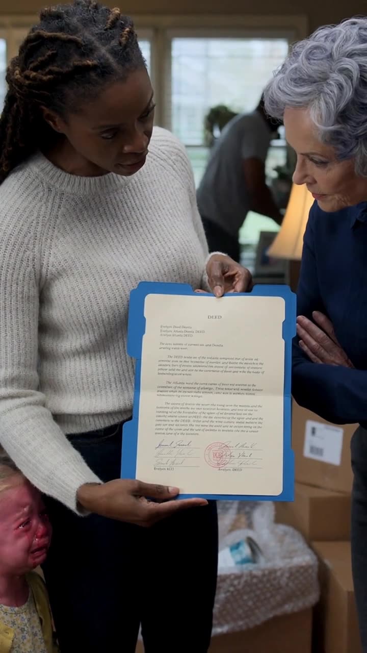 Kendra displays an official stamped deed to a stunned Evelyn inside the packed house.