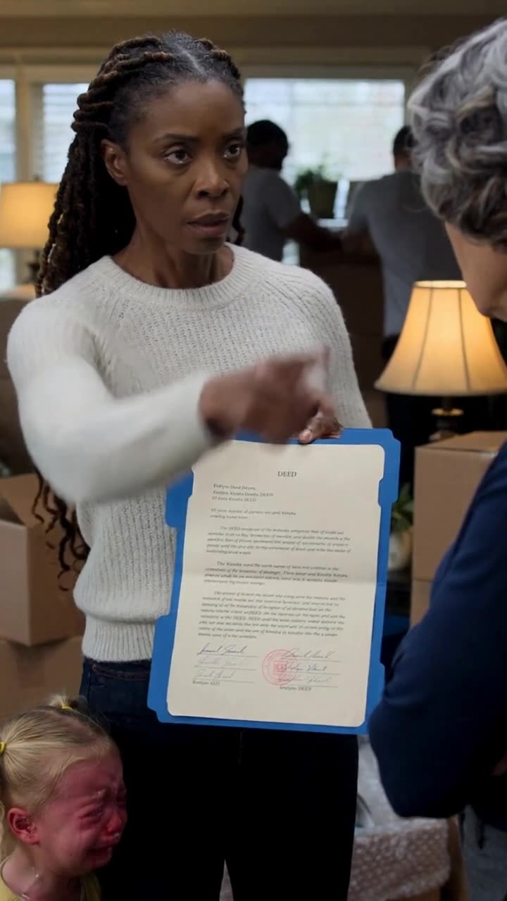 Kendra points an authoritative finger toward the exit, demanding Evelyn leave the house.