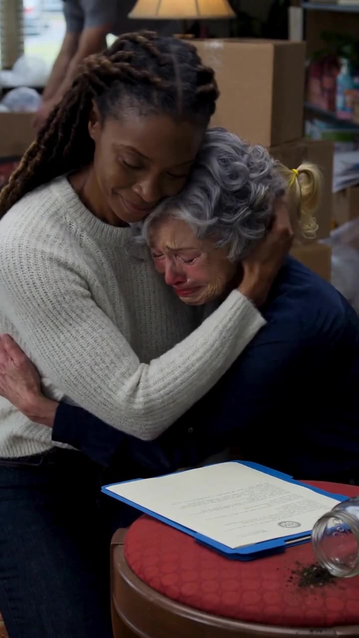 Kendra tenderly embraces a weeping woman after revealing the deed that saved their home.