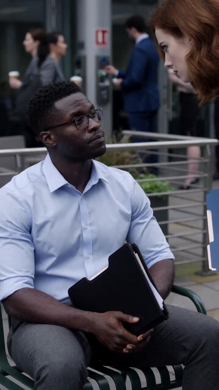 Marcus looks up with calm composure as Chloe stands over him gripping a blue applicant file