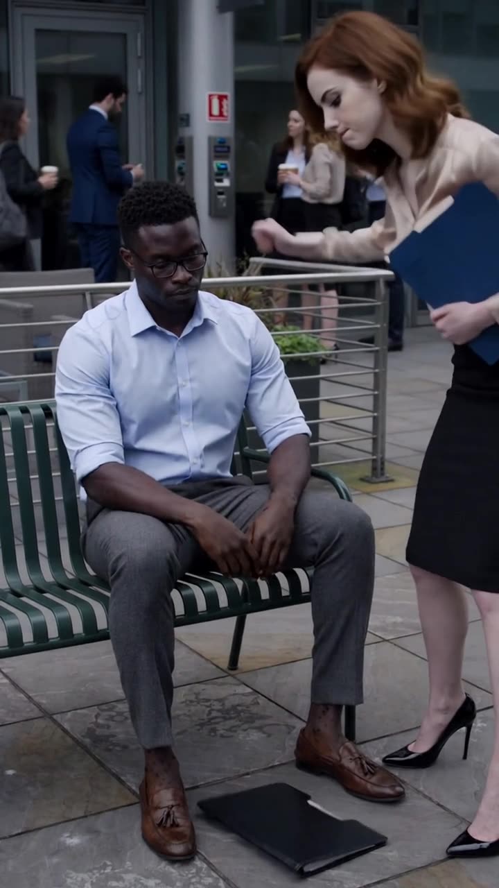 Marcus watches impassively after Chloe strikes his black document folder down onto the stone courtyard floor