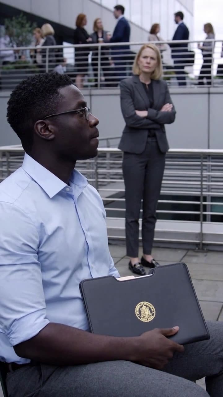 Marcus speaks calmly holding his portfolio while senior director Evelyn observes the encounter from the walkway above