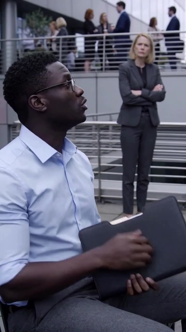 An executive in a tailored suit stands with arms crossed, monitoring candidates in the courtyard.