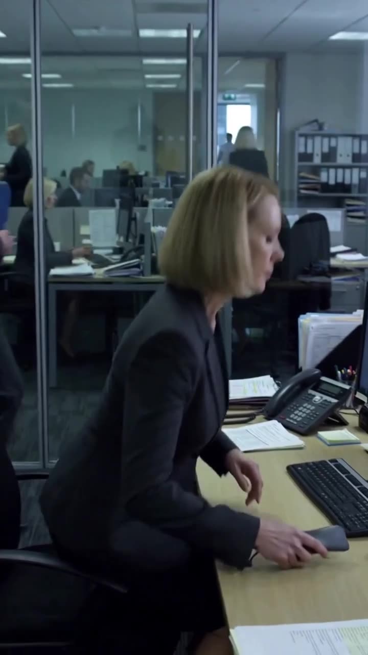 A corporate director sits down at her desk inside an executive glass office.