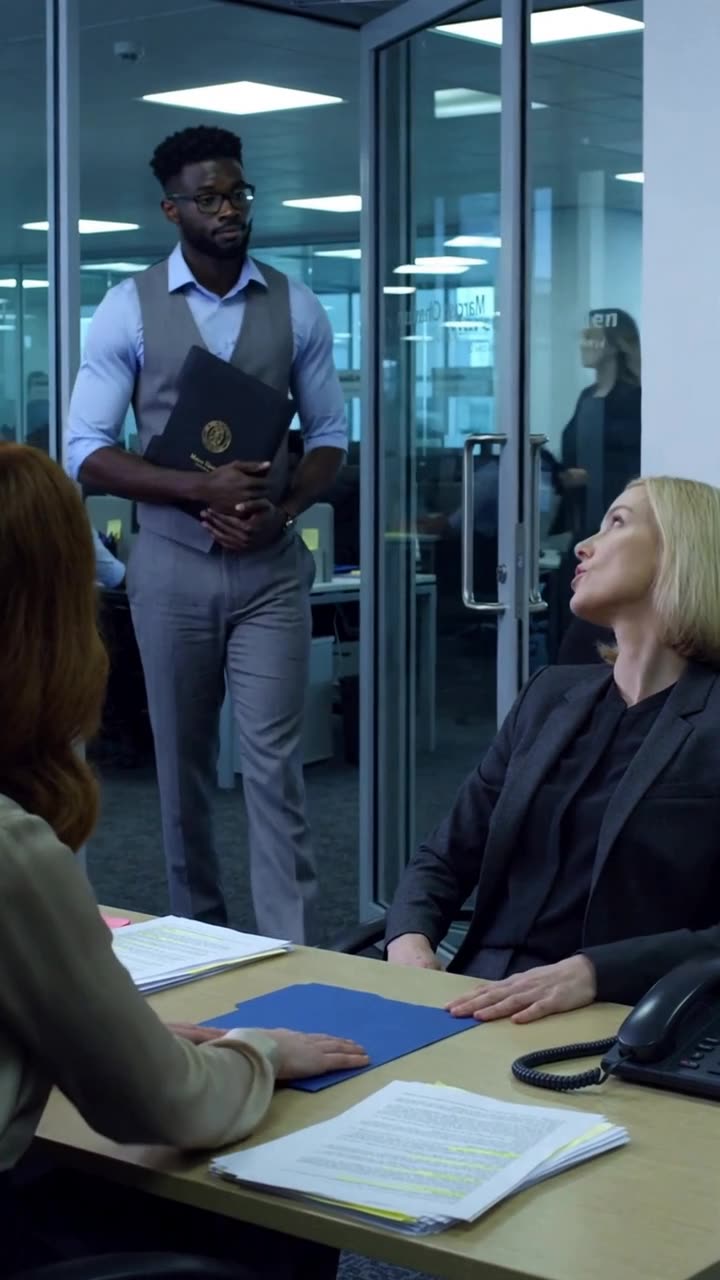 Marcus steps inside holding a black leather document folder as Evelyn turns to address him.