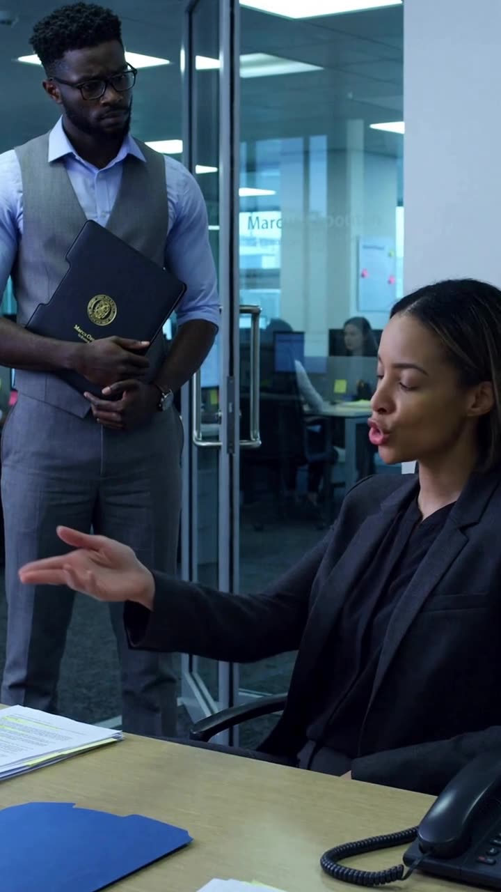 Chloe gestures impatiently across the boardroom table, demanding an explanation.
