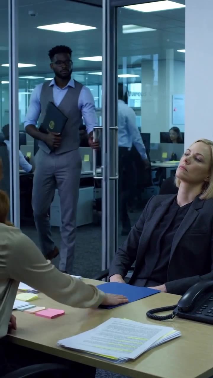 Candidate gesturing across the desk while a sharply dressed man stands in the doorway