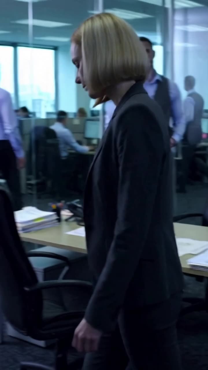 Evelyn walks decisively away through the open-plan office after concluding the review.